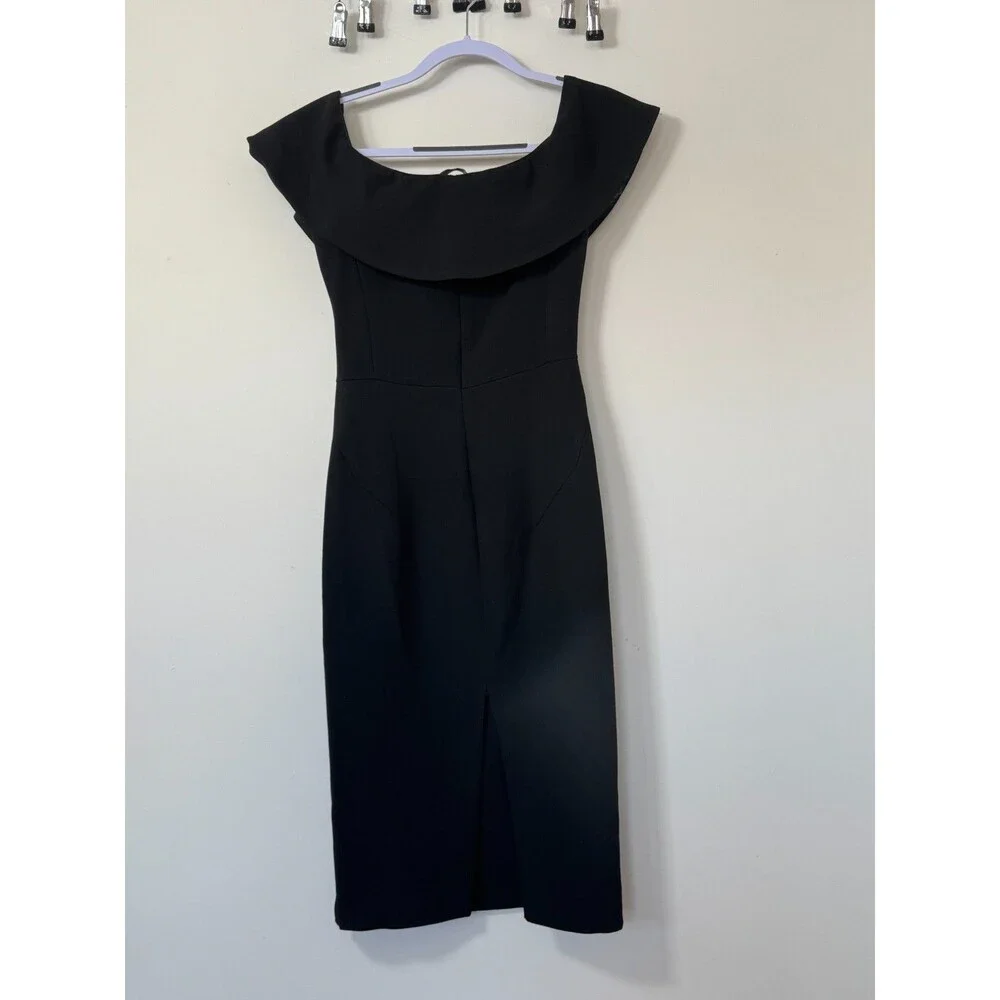 Zara Womens Dress Size S Black Stretch Off Shoulder Classic Midi Cocktail Sheath_3